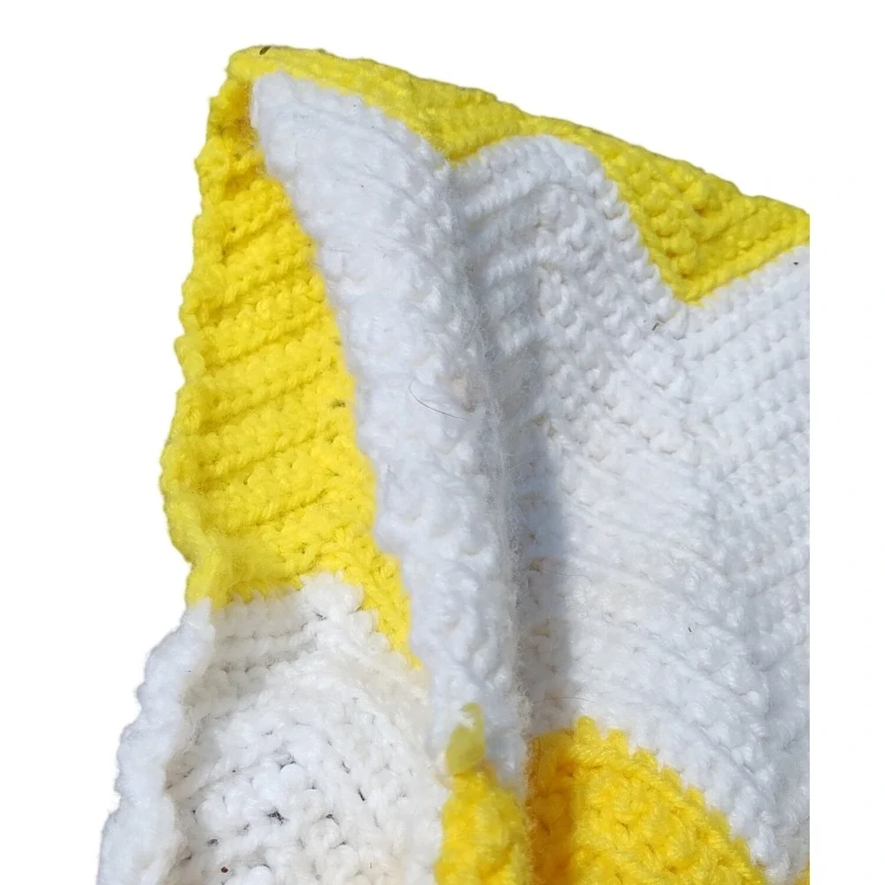 Handmade VTG Crochet Blanket Yellow Chevron Afghan Throw Knit 68x36